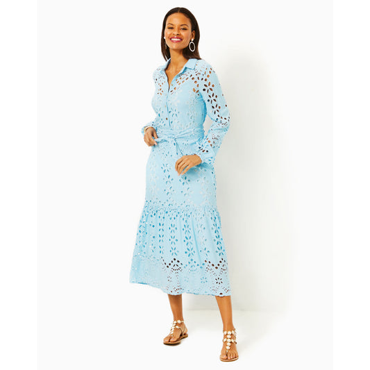 ZIA LONG SLEEVE EYELET MIDI SHIRTDRESS