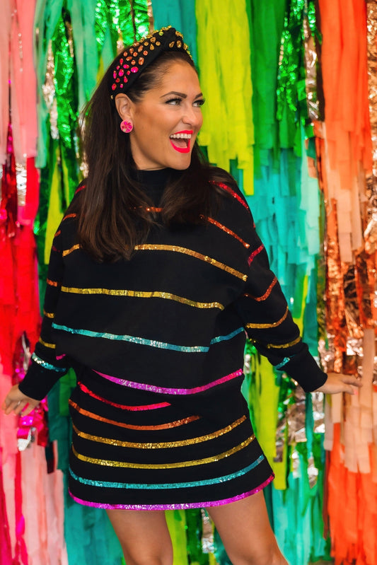 BC Black Rainbow Sequin Stripe Sweatskirt