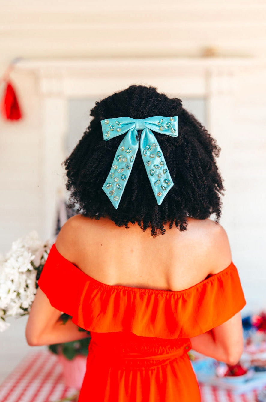 Blue Shimmer Bow Barrette with Crystals