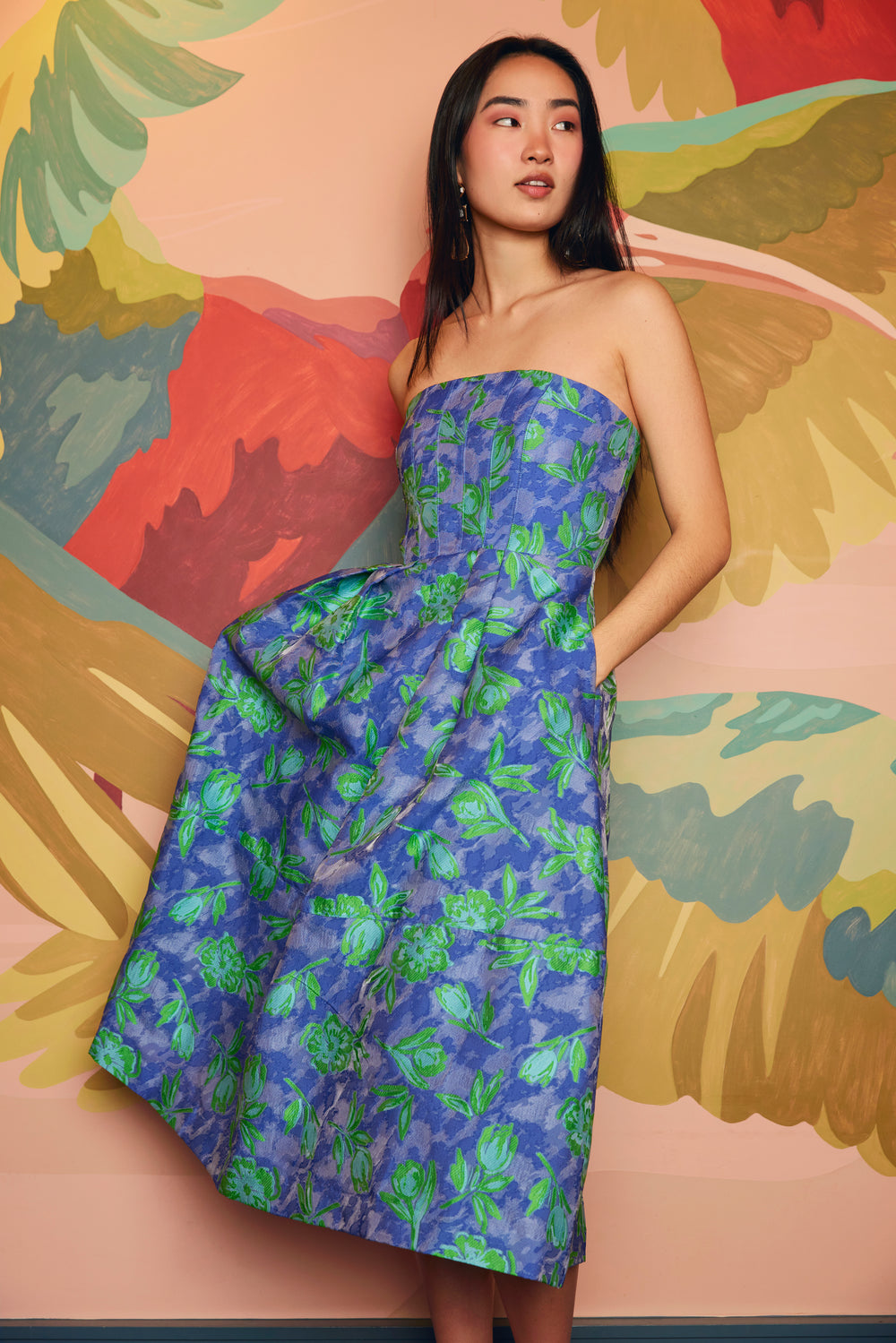 Catherine Dress Cobalt Tropical Tulip Jacquard