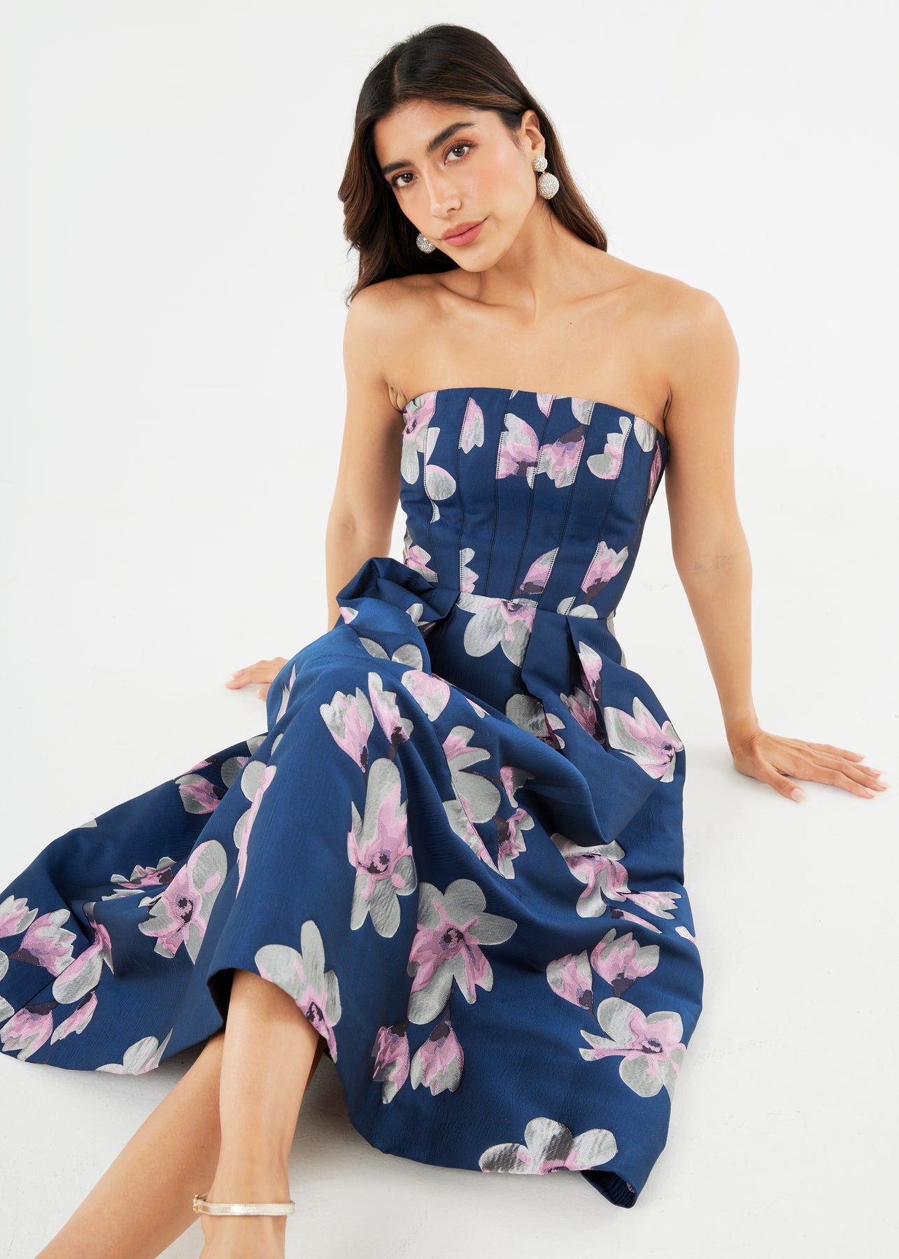 Catherine Dress Blue Plumeria Jacquard