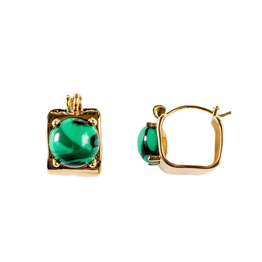 Vintage Mini Square Gold and Green Malachite Huggie Hoops